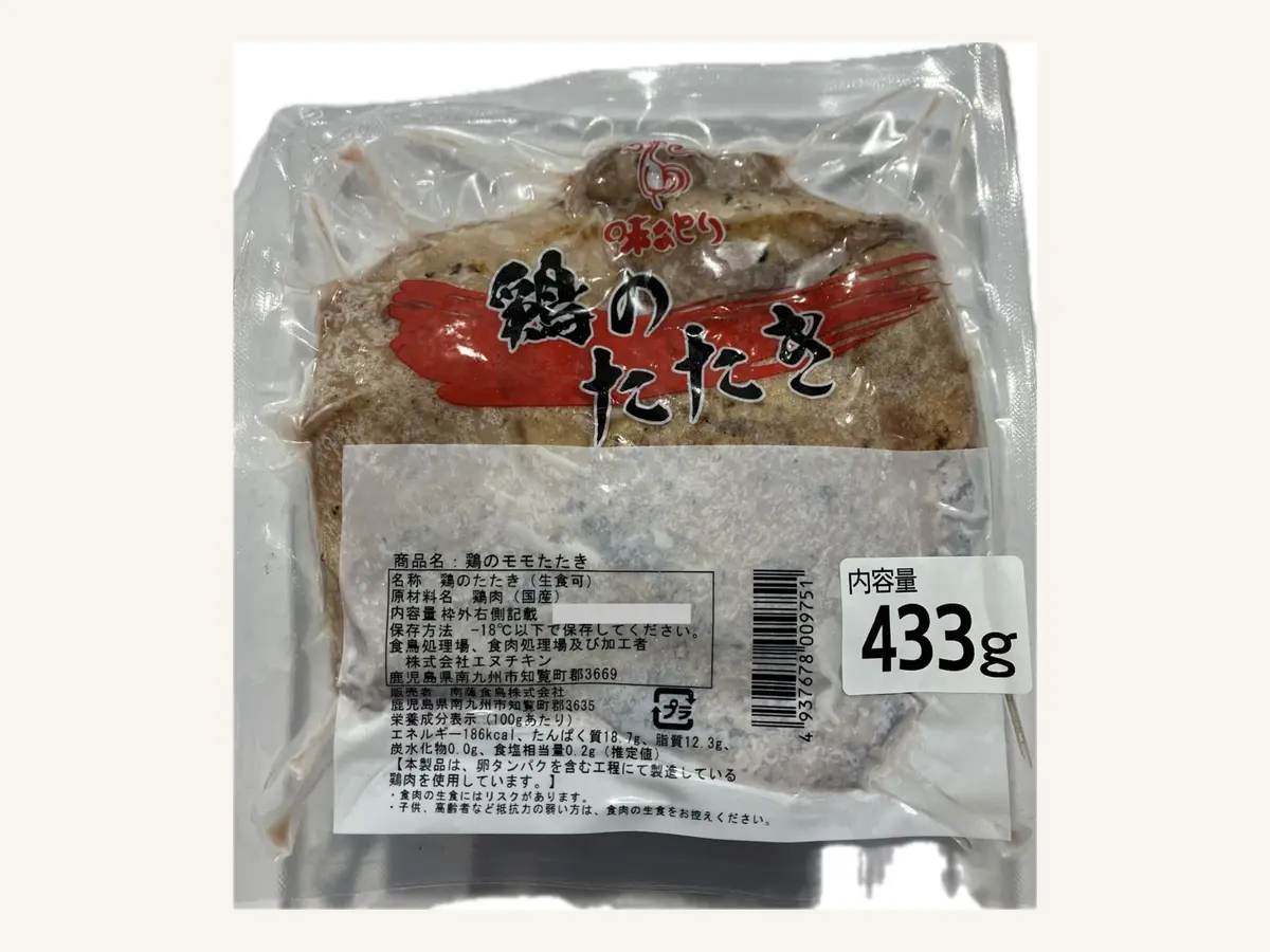 味なとり 鶏たたきモモの実物商品パッケージ